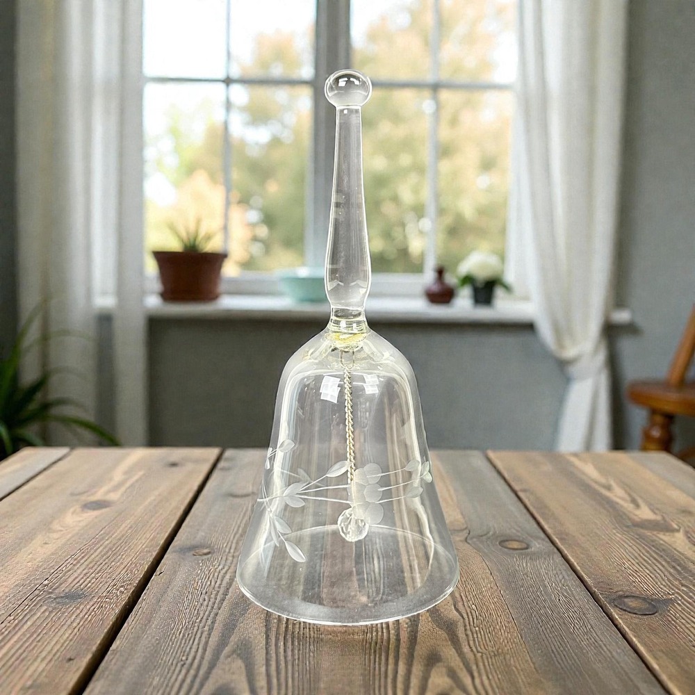 Princess House Heritage Clear Blown Glass Bell Etched Floral 6 In‎ Table Decor